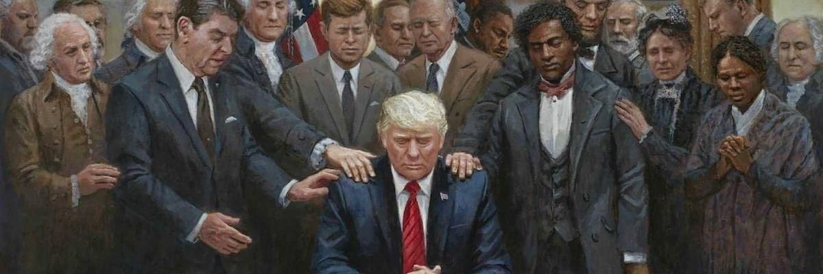 Trump surrounded by Patriots and Forefathers sketch